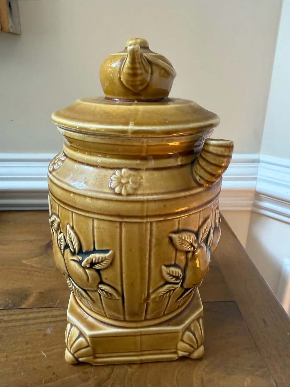 Vintage 1970s Marigold Ceramic pot-belly stove Canister with Fruit and Tea Motif
